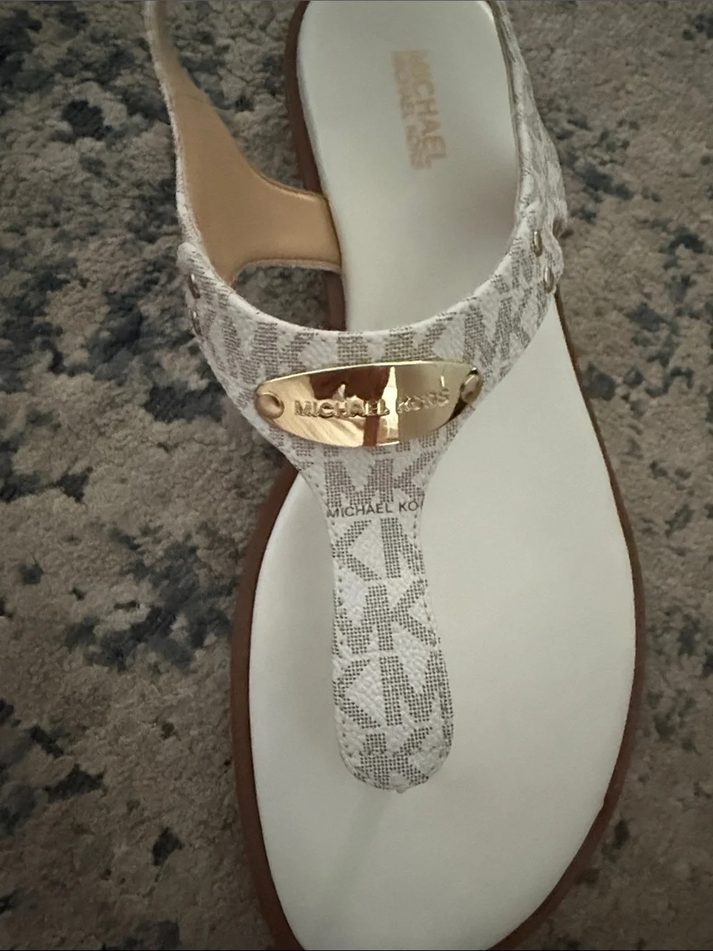 Michael Kors White and Gold Logo Thong Sandals